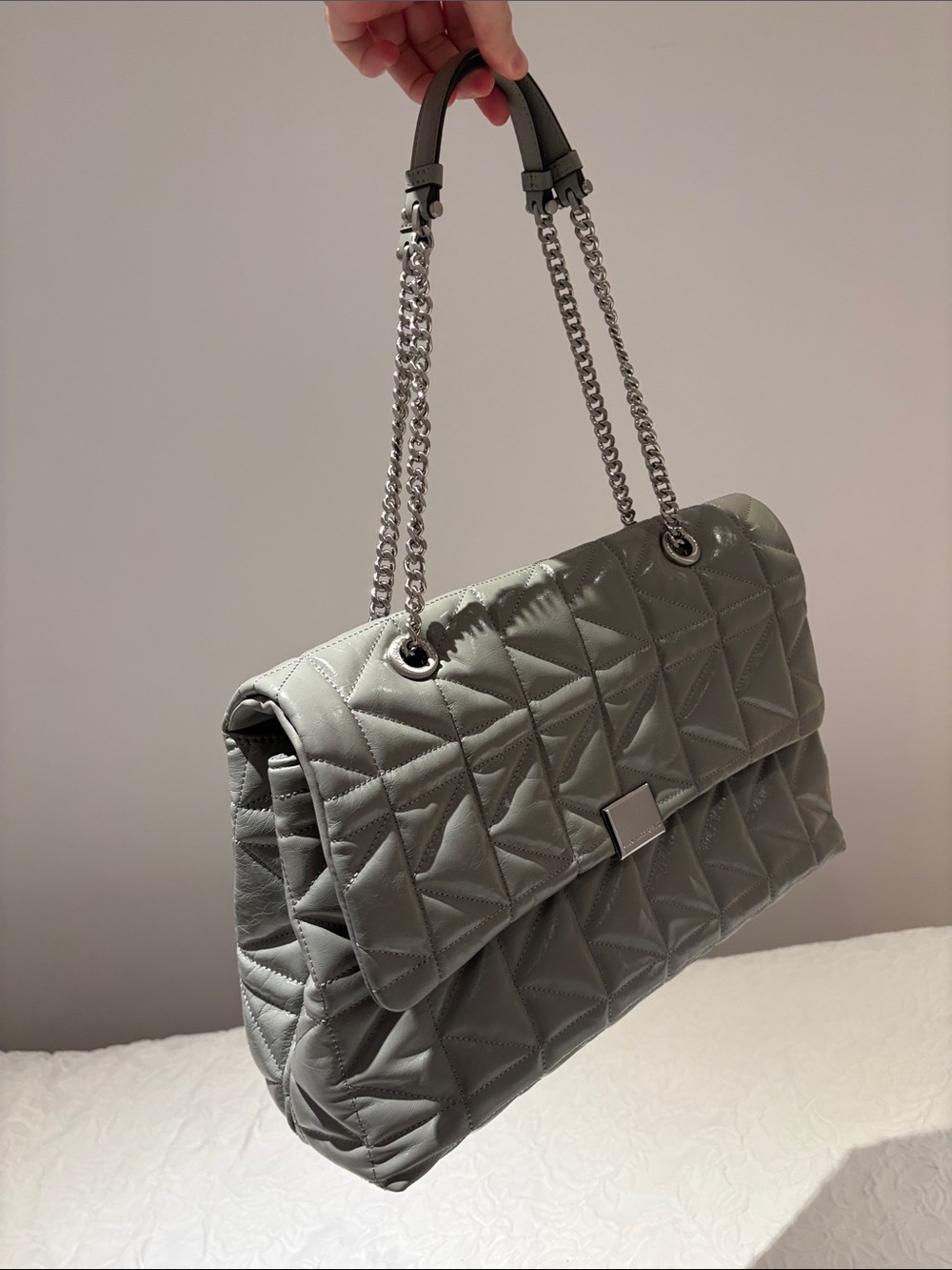 Karl Lagerfeld Gray Quilted Patent Chain Shoulder Bag